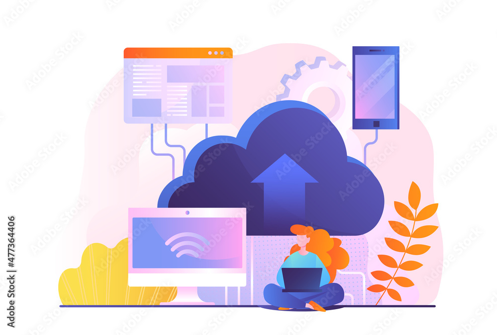 Aufkleber application service abstract. saas technology or cloud storage. woman with laptop gets access to dat