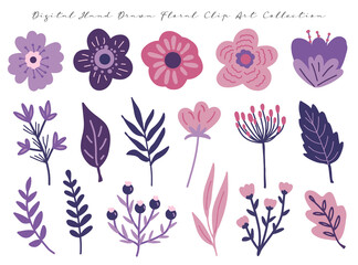 set of beautiful hand drawn pink and violet flowers digital art