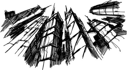 hand drawn architectural sketch of a modern abstract city architecture and skyscrapers and tall building