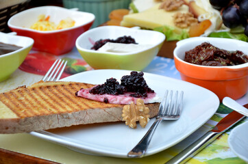 turkish breakfast with egg tomatoe cheese tea and jam