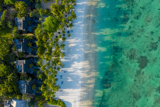 Aerial view of Trou aux Biches, a beautiful beach along the coastline, Mauritius.