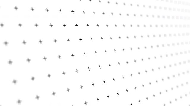Animated plus sign background pattern. Black plus on a white backdrop moving to the left. Seamless looping animation video asset.