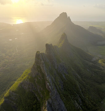 Aerial view of a Trois Mamelles, a mountain peak view during sunset near Vacoas Phoenix, Mauritius.