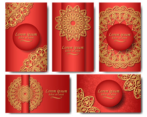 Set of five luxurious vector mandala patterns. Golden ethnic ornament on orange background. Gorgeous pattern in postcards, labels, posters, invitations, packages. 