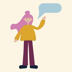 Smiling girl with pink hair with speech bubble. Vector flat character illustration.
