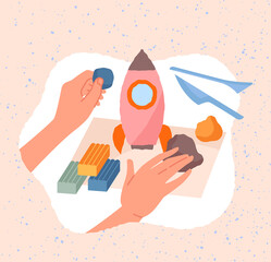 Creative workshop concept. Hands sculpt model of spaceship out of soft plasticine. Sculpture as hobby or entertainment. Pleasant pastime for children and adults. Cartoon flat vector illustration