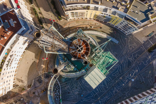 Lisbon, Portugal - February 2021: Aerial view of Chamine da Refinaria, (Galp Tower) in Lisbon downtown, Portugal.