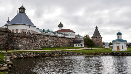 Russia. Solovetsky Islands. Panorama of the monastery - the Assumption Tower, the Holy Gates, the...