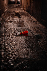 calle de noche con globo rojo inspirado en pelicula de terror con sombra tenebrosa