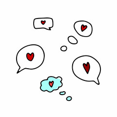 Doodle speech bubble with red hearts set. Hand-drawn message isolated on white background. Sign of communication, chatting box, mail, Valentines Day, love, Balloon of thinking. Vector illustration