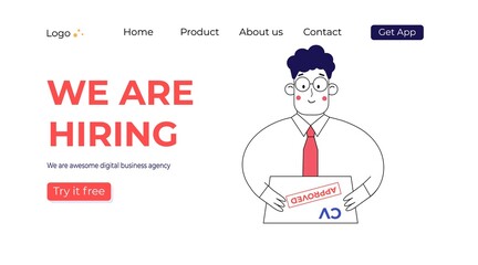 Simple character is hiring employee. Banner we are hiring. People searching for staff, read the cv. Vector trendy line art. Landing page concept for web page