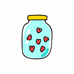 Doodle glass jar with red hearts. Color Transparent container isolated on white background. Valentines day sign. Festive decoration, cozy home decor. Love, feelings cute symbol. Vector illustration