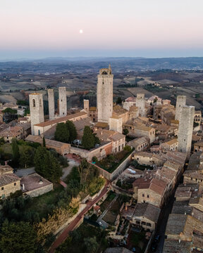 Aerial view of San Gimignano, a small old town with medieval tower at sunset, Siena, Tuscany, Italy.