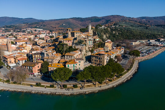 Aerial view of Passignano sul Trasimeno, a small town along the lake near Perugia, Umbria, Italy.