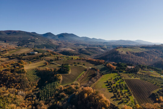 Aerial view of beautiful countryside with mountains in Baschi, Umbria, Italy.
