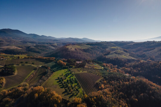 Aerial view of beautiful countryside with mountains in Baschi, Umbria, Italy.