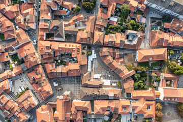 Aerial view of central square Praca de Sao Tiago in Guimaraes, Portugal.