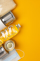Box with food to support those in need during a pandemic, disaster on a bright background