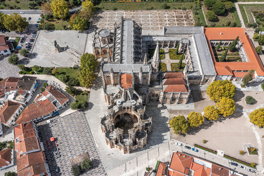 Aerial view of a gothic Batalha Monastery (Mosteiro de Batalha) in Portugal.