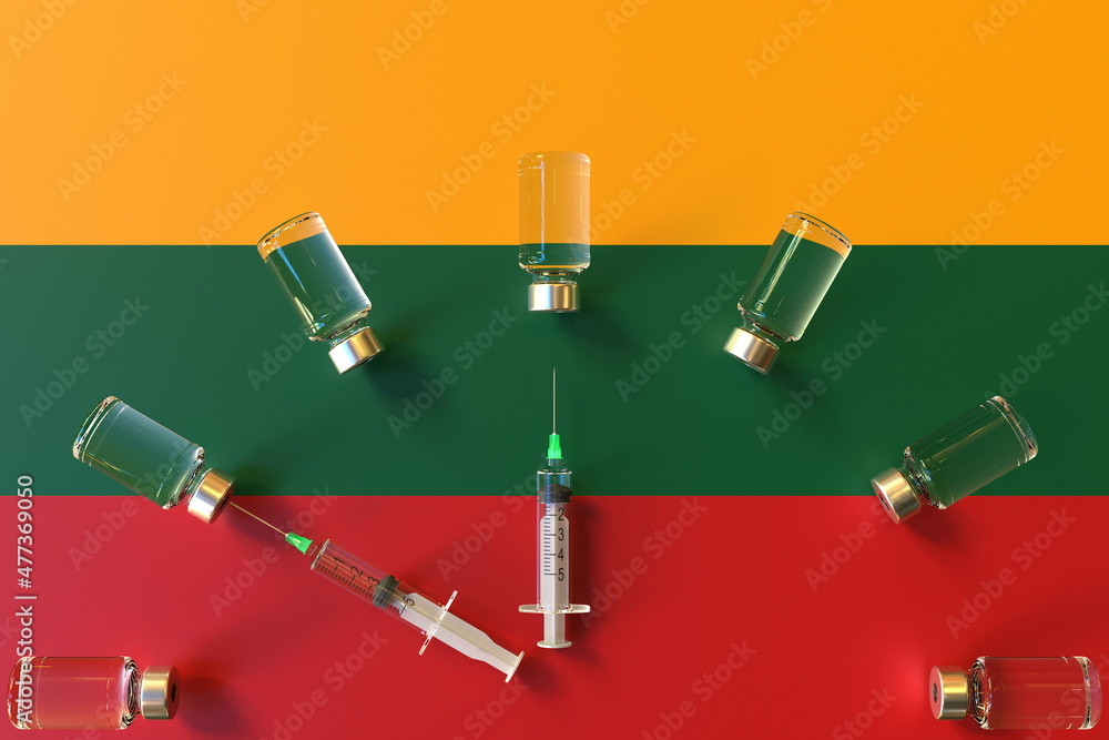 Poster glass vials and syringes on the flag of lithuania. vaccination related conceptual 3d rendering
