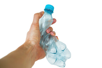 Man's hand holding one crumpled plastic bottle isolated on a white background. Contamination....