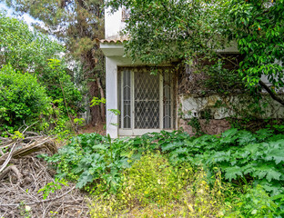 Fototapeta na wymiar old abandoned house garden and entrance, Athens Greece