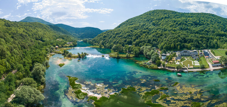 Aerial view of waterfalls in Una river in Lahore region, Bosnia and Herzegovina.
