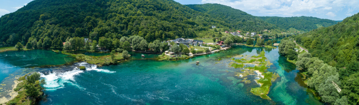 Aerial view of waterfalls in Una river in Lahore region, Bosnia and Herzegovina.