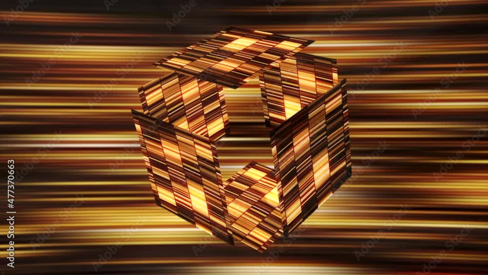 Poster glowing striped cube in cyberspace. motion. shining colorful cube is divided into parts and assemble
