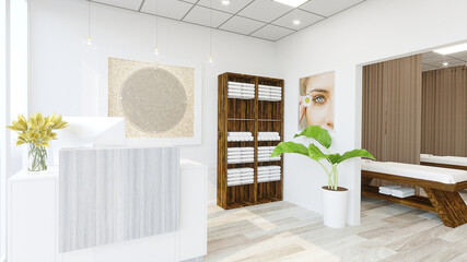 3D Render of a Massage Parlor, Spa Lobby, Waiting Area with Halo Circular Logo Sign, Spa Shelf Tower Rack, Custom Reception Desk.