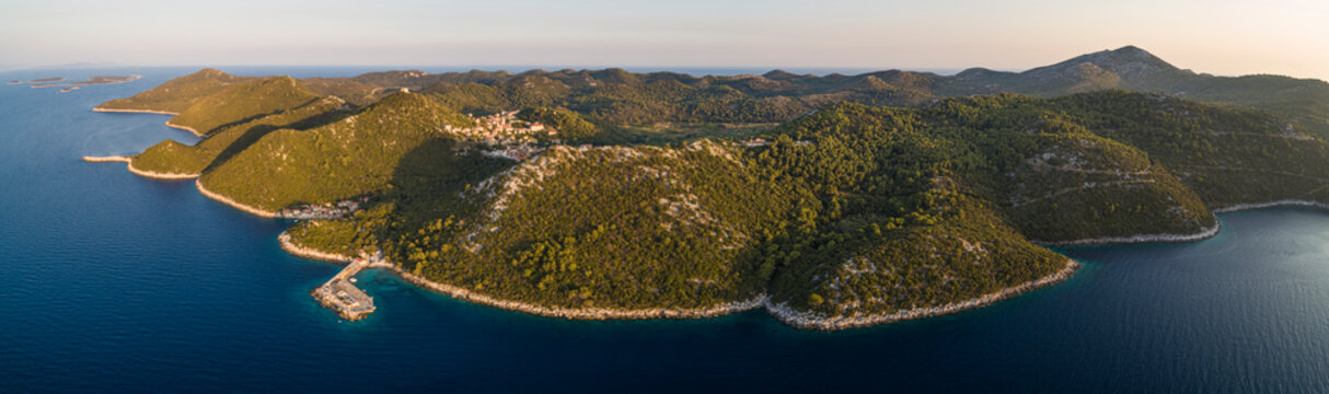 Panoramic aerial view of the endless coastline near Lastovo facing the Adriatic Sea, Croatia.