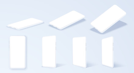 The white screen of the smartphone display in the rotated position on different fashionable on a white background. Gently white phone in different positions top view, side view and tilt. Vector