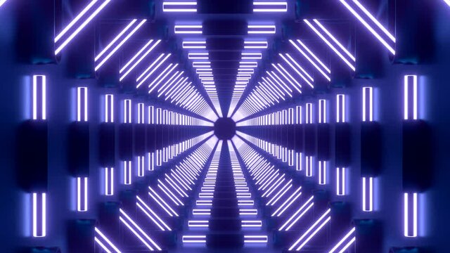 Slow flight through abstract 3D alien technology tunnel, seamless loop. Design. Glowing optical illusion, symmetrical corridor.