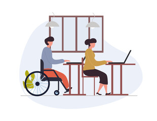 Person with disabilities in society concept. Man in wheelchair sitting at his desk in office and working on laptop. Equal opportunities for work or socialization. Cartoon flat vector illustration