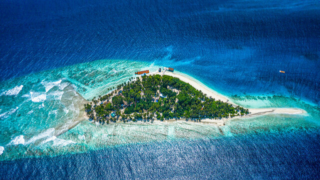 Panoramic aerial view of a private island, Maldives.