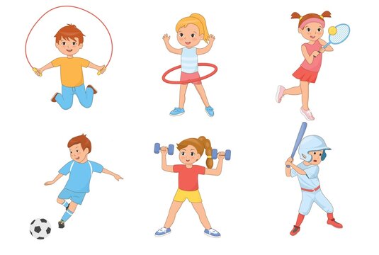 Kids exercising and playing different sports. Vector flat illustration.