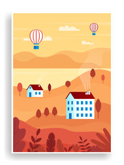 Naklejka premium Landscape with rural suburban traditional buildings. Cozy poster with houses, river, sun and balloons. Design element for postcard. Cartoon flat vector illustration isolated on white background