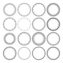 Mechanical clock faces, bezel. Watch dial with minute and hour marks. Timer or stopwatch element. Blank measuring circle scale with divisions. Vector illustration.