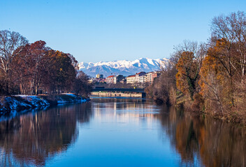 beautiful winter sunny day with Po river in Turin, Italy