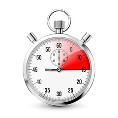 Realistic classic stopwatch icon. Shiny metal chronometer, time counter with dial. Red countdown timer showing minutes and seconds. Time measurement for sport, start and finish. Vector illustration
