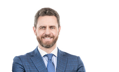 Portrait of happy manager professional man employee smiling isolated on white copy space, director