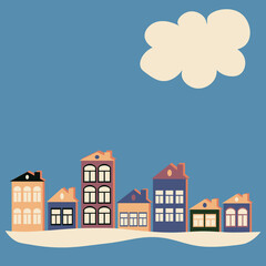 Illustration on a square background - a European town, houses. Design element of books, notebooks, postcards, interior items. Wallpapers, textiles, packaging, background for a website, mobile