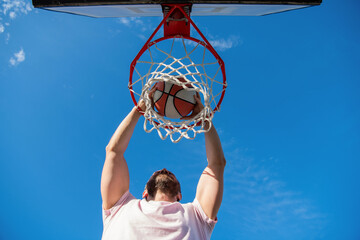 top view of basketball player throws the ball into the hoop outdoor, motivation