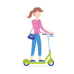 Girl or young woman riding green city electric kick scooter isolated cartoon flat vector illustration