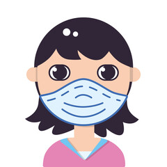 Girl or young woman wearing face medical protective mask isolated flat vector icon, COVID-19 coronavirus pandemic prevention avatar.