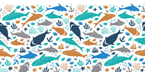 Vector white colourful cute shark pen sketch horizontal border pattern. Perfect for wall mural, posters or greeting cards.