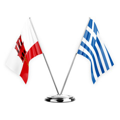 Two table flags isolated on white background 3d illustration, gibraltar and greece