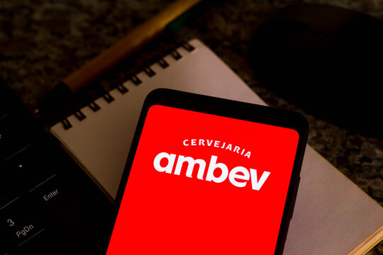 December 28, 2021, Brazil. In this photo illustration the Ambev logo displayed on a smartphone.