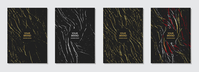 Vector set of cover design, grunge collection. Black backgrounds, golden texture. Geometric marble pattern. Vertical templates for catalog, brochure template, magazine layout, flyer.