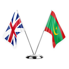 Two table flags isolated on white background 3d illustration, great britain and mauritania